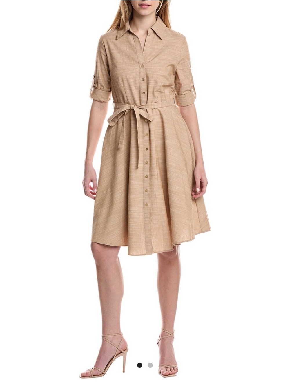 Sharagano Tan Button-Front Shirt Midi Dress with Waist Tie